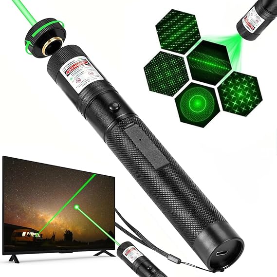 Damflew Green Laser Pointer, USB Charging, Laser Beam with Starry-Sky Cap | Starry-Sky Patterns, Switch to a Single-Point Beam, for Hiking, Presentations & Outdoor Use (Professional-Grade Green Light)