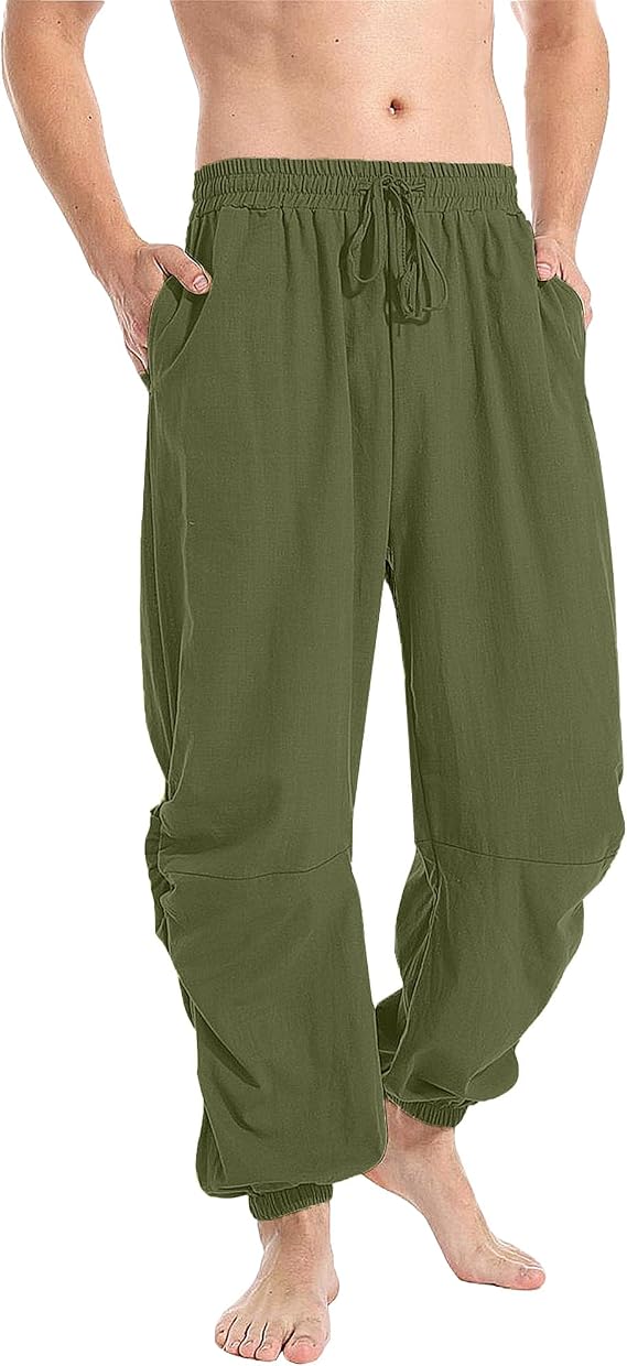 YAOBAOLE Mens Linen Trousers Elastic Waist Pirate Trousers with Pocket for Men Yoga Pants
