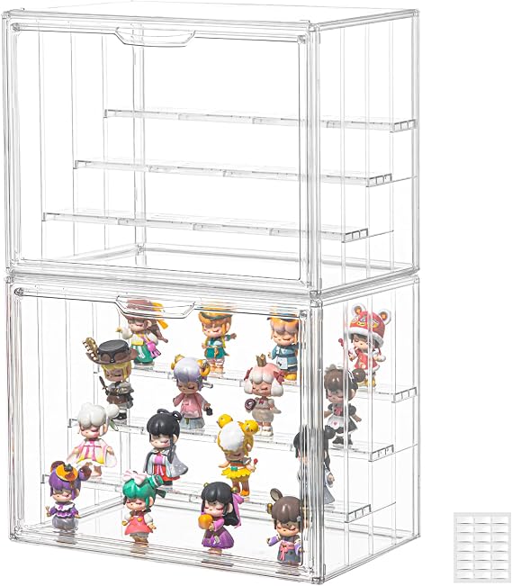 Acrylic Display Case for Collectibles, 4 Tier Figure Display Box, 2 Pack | 3 Movable Dividers, Magnetic Door for Easy Access, Clear Showcase, Easy Assembly, Stable Stacking, Wide Handle, Dustproof