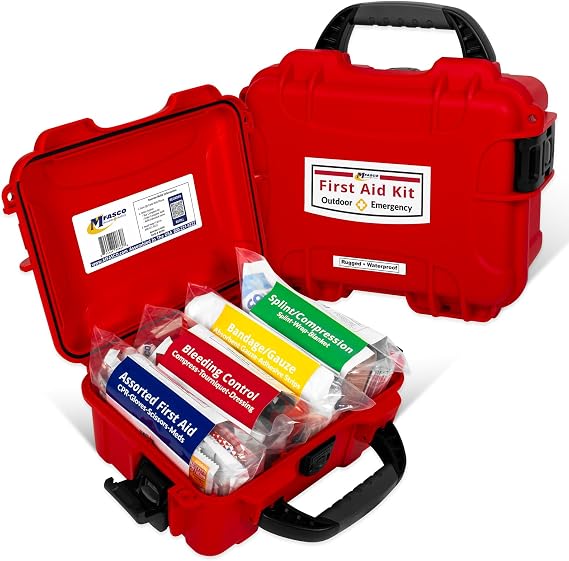 MFASCO Camping First Aid Kit Waterproof Resin Case 111 Pieces | Durable waterproof first aid kit keeps essential emergency supplies dry for hiking, camping, marine activities. Made in USA
