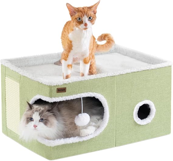 Garnpet Cat Bed for Indoor Cats Cube House, Covered Cat Cave Beds & Furniture with Scratch Pad and Hideaway Tent, Cute Modern Cat Condo for Multi Small Pet Large Kitten Kitty, Large, Green