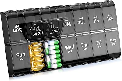 XL Large Weekly Pill Organizer 2 Times a Day, Extra Big 7 Day Pill Box Am Pm, Daily Pill Case Medicine Organizer with 14 Compartments, Day Night Pill Container for Fish Oils, Vitamin, Supplement