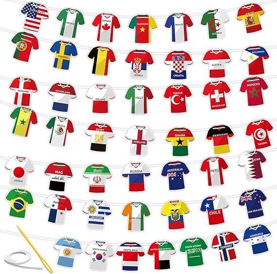 2026 World Soccer Jersey Flag Bunting Banner 49 Pcs - International Country String Flags Garland for Stadium Watch Parties, Sports Bar & Outdoor Celebrations, Fan Merchandise Decoration