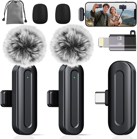 PQRQP Wireless Mini Microphone for iPhone/iPad/Android: 2 Pack Lavalier Microphone for Video Recording, High-Fidelity Audio iPhone Mic for Content Creators(Graphite Black)