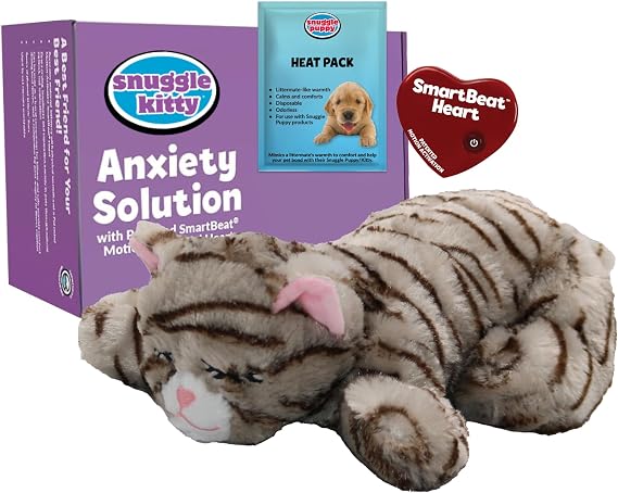 Snuggle Kitty Heartbeat Cat Toy for Kittens and Cats with Real-Feel Pulse and Heat Pack, Calming Sleep Aid for Cat Anxiety, New Kitten Essentials - Tan Tiger