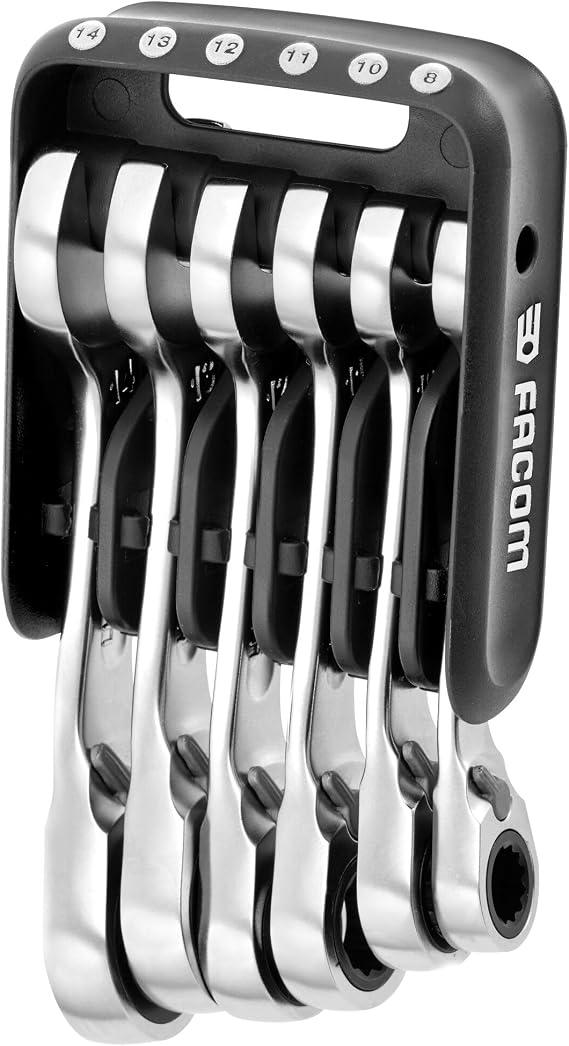 Facom 467bs. JP6PB Portable Short Ratchet Combination Spanner Set with Case, Black, Set of 7 Pieces