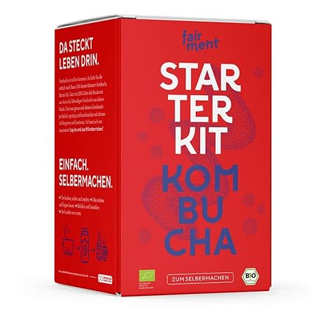 fairment Starterkit Kombucha - Das lebendige Getränk einfach selbermachen - Starter Set mit Bio Kombuch a Pilz (SCOBY) Glas Zutaten Zubehör und Rezepten - Kombucha Tee selbst machen