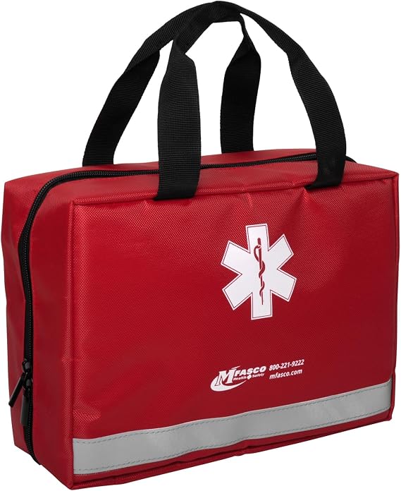 MFASCO Emergency First Aid Kit Portable Red Bag with 200+ Supplies | Emergency Supplies in Portable Tote Bag with Clear Pockets, Sturdy Handles, and Reflective Strip - Assembled in USA