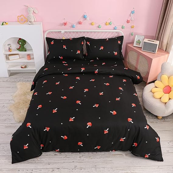 Cute Mushroom Duvet Cover Twin Kid Cartoon Kawaii Bedding Set Red Mushroom Shaped Comforter Cover Set Farmhouse Botanical Bedspread Cover Lovely Natural Wild Plants Quilt Cover, Black ,Zipper