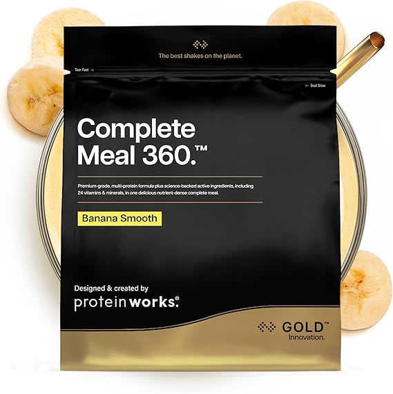Protein Works | Complete Meal 360 - Gold, Banana Smooth, 1kg | Nutritionally Complete Meal Replacement Shake, High Protein, 165 Health Benefits, 24 Vitamins & Minerals, Omega 3, 10 Meals
