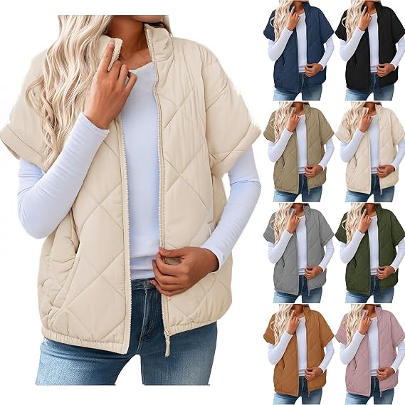 GOHRSHA Cropped Puffer Vest Women Fall Winter Outwear Short Sleeve Zip Up Warm Vest Fashion Puffy Light Quilted Jacket