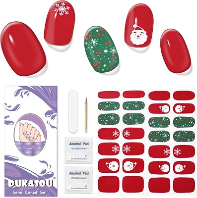 Semi Cured Gel Nail Strips, 28Pcs Christmas Nail StickersWraps, Long Lasting UV Nail Polish Strips for AdultsSnowflake Santa Claus