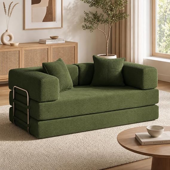 Vipbear 2 Seater Boneless Sofa Bed,Modular Convertible Folding Couch Green | 5-in-1 Futon Sofa Bed double |Corduroy Fabric|Compressed Pack|160cm Fixed-Shape Frame|Living Room|Bedroom|Guest Room
