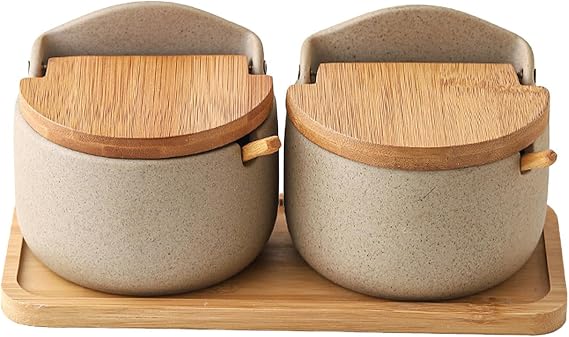 Rustic Artisan Salt Container, 2 x Ceramic Salt Containers with Wooden Spoon and Lid, Salt Holder for Counter, Box, Restaurant Household Salt and Sugar Bowl Set, approx. 22.8 x 10.8 x 9.5 cm