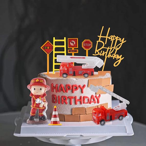 Fire Truck Cake Topper Firefighter Cake Decoration Fireman Themed Happy Birthday Cake Toppers,Truck Firefighter Figurines Cake Topper for Fireman Theme Birthday Decoration (10PCS)