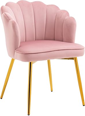ZOBIDO Modern Velvet Chairs Comfy Upholstered Vanity Chairs for Bedroom Armchair Dining Chairs with Golden Metal Legs Petal Shape Back Vanity Desk Chair, for Women, for Kids, for Girls Bright Pink