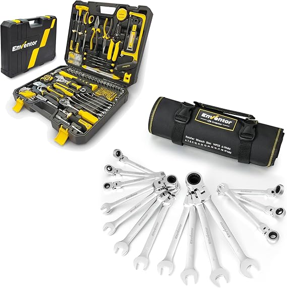 ENVENTOR 220 PCS Home Tool Kit & 14 PCS Wrench Set Metric 6-19mm
