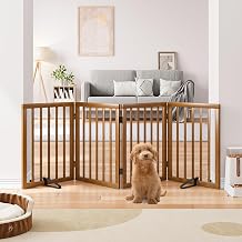 Semiocthome Freestanding Dog Gates and Barriers Indoor Pet Gates for Doorways and Stairs 60cm (H) - 4 Panels Puppy Gate with 2 Metals Stands Adjustable Safety Fence Fit Up to 188cm - Walnut