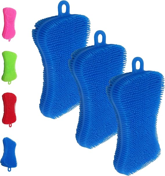 Gadgetime USA Silicone Dish Sponge - Dishwashing Kitchen Scrubber - Double Sided Sponge Brush - Multipurpose & Reusable Silicone Dish Sponges for Dishes, Fruits & Vegetables Cleaning - Blue (3 Pack)