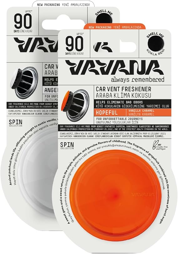 VAVANA Spin Car Air Conditioner Scent - Professional Car Scent | BPA & Liquid Free | 90 Days Effective | Set of 2 (ANGELIC & HOPEFUL)