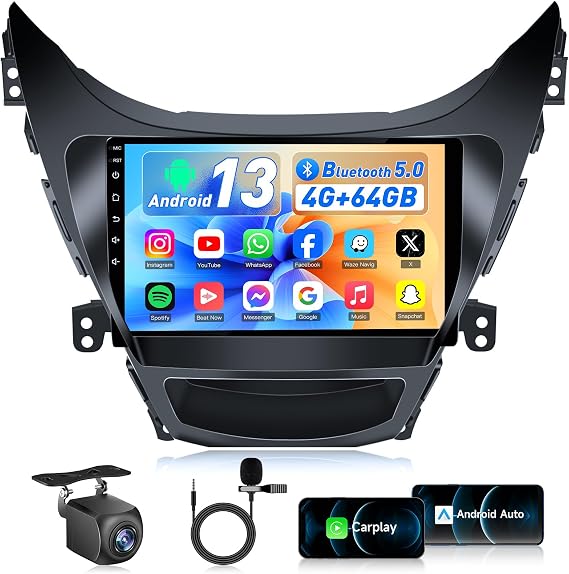 4+64G Car Radio for Hyundai Elantra 2011-2013: 9 Inch 1280 * 800 IPS Touchscreen Car Stereo for Elantra Radio with Wirelessly Carplay Android Auto Mirror Link WiFi Bluetooth