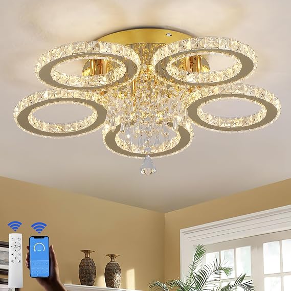VETRULUS Crystal LED Chandelier Gold Flush Mount Light Living Room Dimmable [Energy Class F]