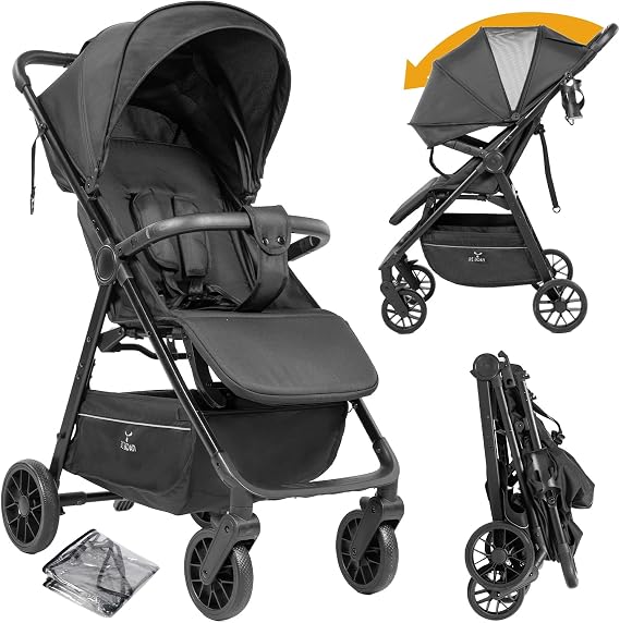 Nine point nine Ultra-Lightweight Pushchair at Only 4.6kg with Lie-Flat Position, Foldable Baby Stroller, Travel Pram from Birth to 15kg, Buggy with Adjustable Backrest, Footrest, Canopy (A8 Black)