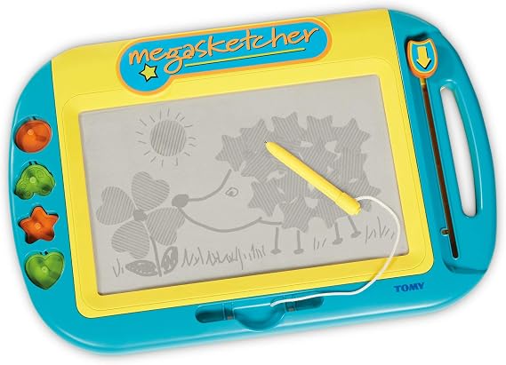 Megasketcher Tomy Motorised, Magnetic Drawing Board, Kids Doodle Boards, Large Writing Pad with Magic Motorised Eraser, Travel Games for Kids Aged 3 Years and Older, 45 x 30 cm