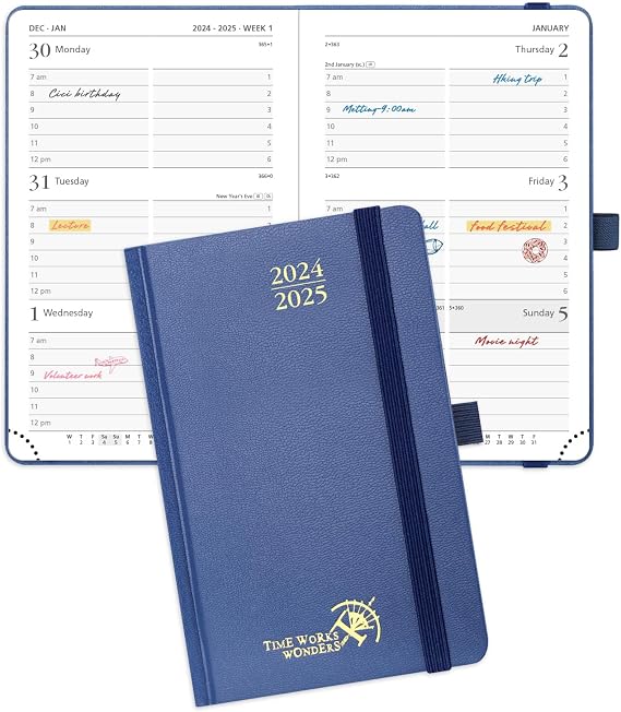 POPRUN Pocket Planner 2025-2026, (Purse Size 4''x 6.25'' Hard Cover) Academic Year Calendar Daily Weekly and Monthly (July 25-June 26) with Hourly Time Slots, 100 GSM Paper - Navy Blue