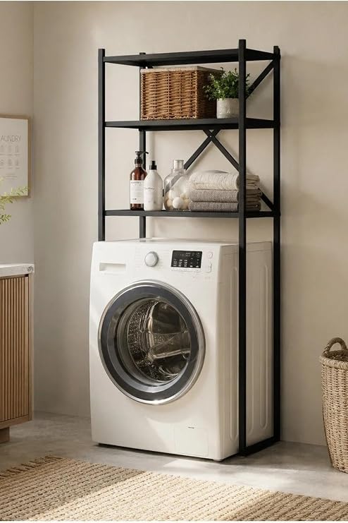 Braga Metal 3 Çamaşır Makinesi Üstü Düzenleyici Raf Beyaz Banyo Düzenleyici Dolap, Siyah, 162 × 70 cm