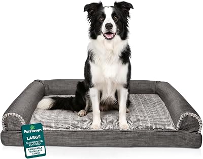 Furhaven Orthopedic Dog Bed for LargeMedium Dogs w Removable Bolsters & Washable Cover, For Dogs Up to 55 lbs - Luxe Faux Fur & Performance Linen Sofa - Charcoal, Large