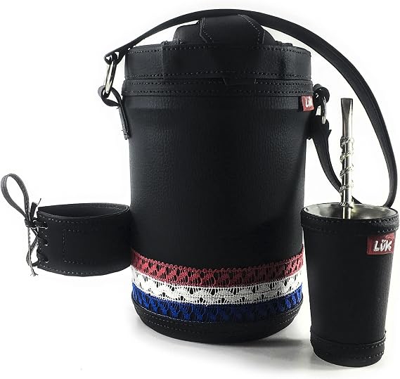Kit Terere Yerba Mate Luk termos |Negro Diseno Nanduti Paraguay| Set Terere Yerba Mate termos + Bombilla + Guampa vaso