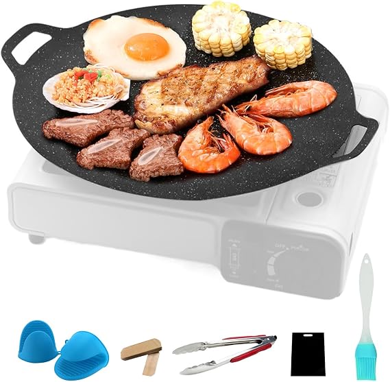 Korean-Style Barbecue Grill Pan, 12.6-Inch Smokeless Cast Iron BBQ Plate Kitchen Accessories, Non Stick Coating Griddle Baking Tray for Induction Cooker, Picnic, Home Cooking, Indoor Outdoor Grilling