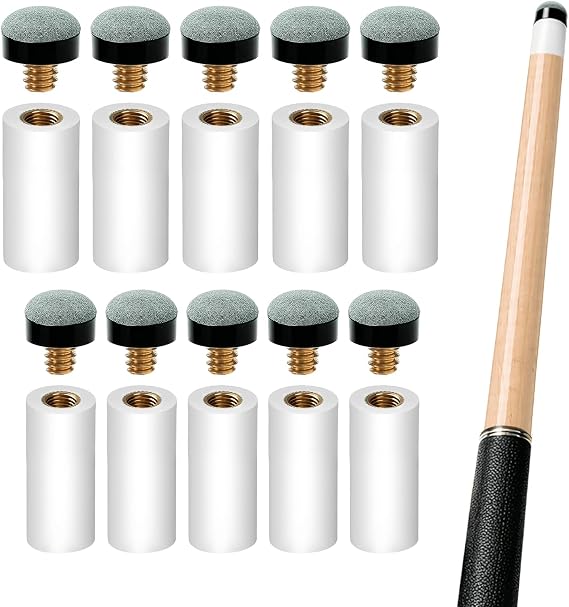 10 Sets Pool Cue Tips Replacement Kit with White Billiard Cue Sleeves and Replacement Cue Tips,Screw on Pool Stick Tips for 12mm/13mm Cues, 5 Pieces Each, No Need Glue or Clamp