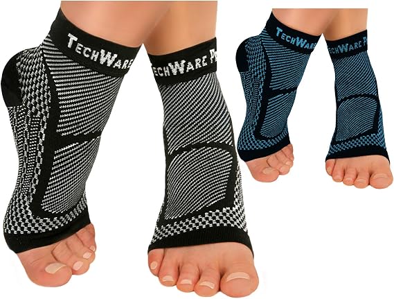 TechWare Pro Ankle Brace Compression Sleeve - Relieves Achilles Tendonitis, Joint Pain. Plantar Fasciitis Sock with Foot Arch Support. 2 Pair Bundle Black & Blue L/XL Size