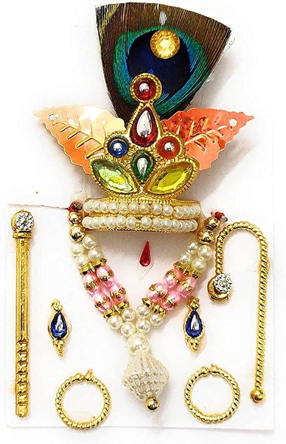 Laddu Gopal Ji Mukut Mala Shringar Set with Bansuri Kundal Karula & Chhari (6 Items) for Krishna Idol Size 0 No.