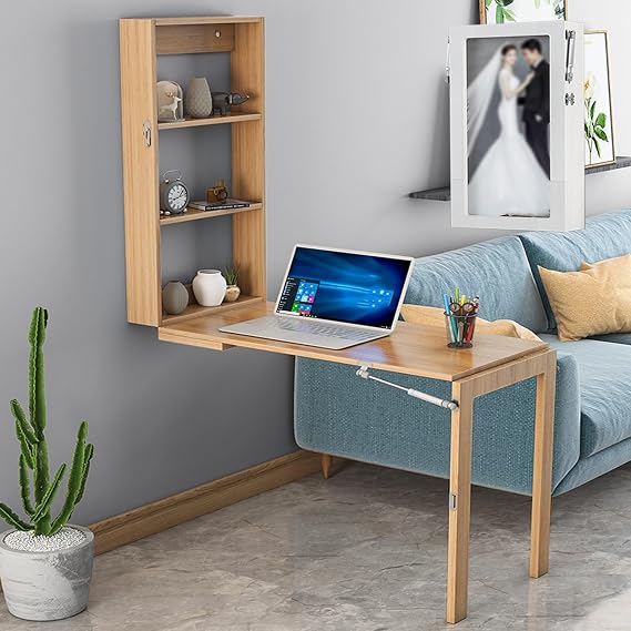 Wall Table, Foldable Wall Table, Wall Mounted Folding Table with Storage Shelf, Multi-layer Storage, Flip Up Dining Table, Wooden for Bedroom, Study Room Yellow,110*60cm/43*24in