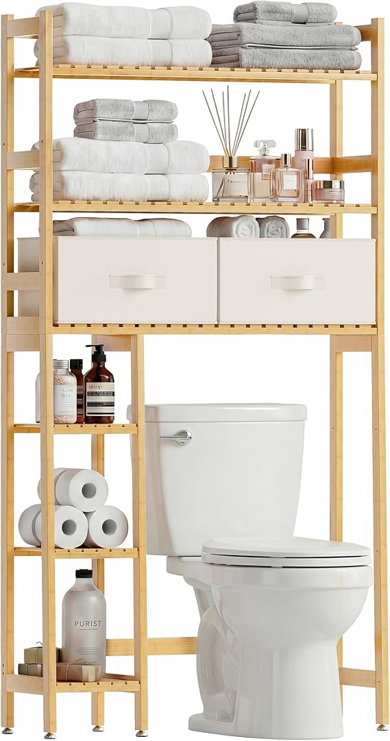 SMIBUY Over The Toilet Storage, Bamboo 6-Tier Bathroom Storage Shelf with Drawers, Freestanding Above Toilet Organizer Rack, Mass-Storage, Space Saver for Small Room (Natural)