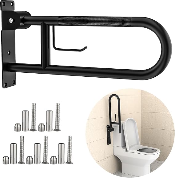 Toilet Grab Bar 24 Inch, YuanDe Flip Up Grab Bar with Paper Holder | Matte Black Anti-Slip Safety Bars for Toilet, Stainless Steel Knurled Toilet Handles for Seniors Disabled Elderly Pregnant