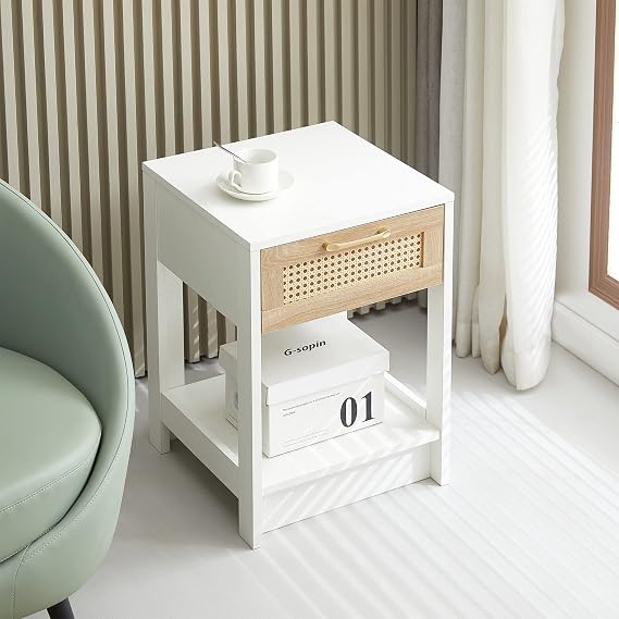 Rattan Nightstand, Boho Night Stand with Rattan Drawer & Solid Wood Legs, Small End/Side Table for Living Room, Bedroom, Small Space (White)