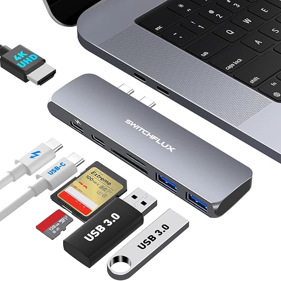 USB C Hub for MacBook Pro/Air M1 M2, 7-in-2 Thunderbolt 3/4 Compatible Adapter with 4K HDMI, 100W PD, 2 USB 3.0 and SD/TF Card Reader