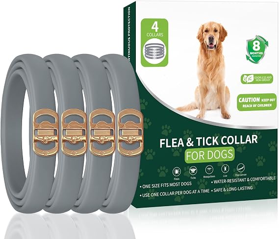 4 Pack Flea Collar for Dogs, 32 Months Flea and Tick Prevention for Dogs | Dog Flea and Tick Treatment, Adjustable Dog Flea Collars, Dog Flea Treatment Collar, Flea Treatment for Dogs, Grey