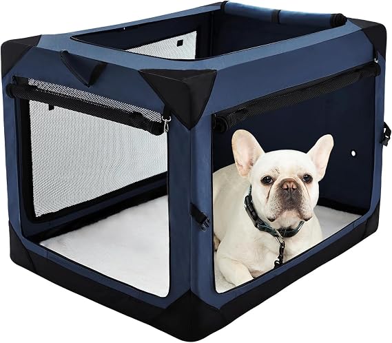 Pettycare 26 Inch Collapsible Dog Crate for Medium Dogs, 4-Door Foldable Soft Side Kennel with Chew Proof Mesh Windows, Indoor & Outdoor Travel Crate, Navy Blue