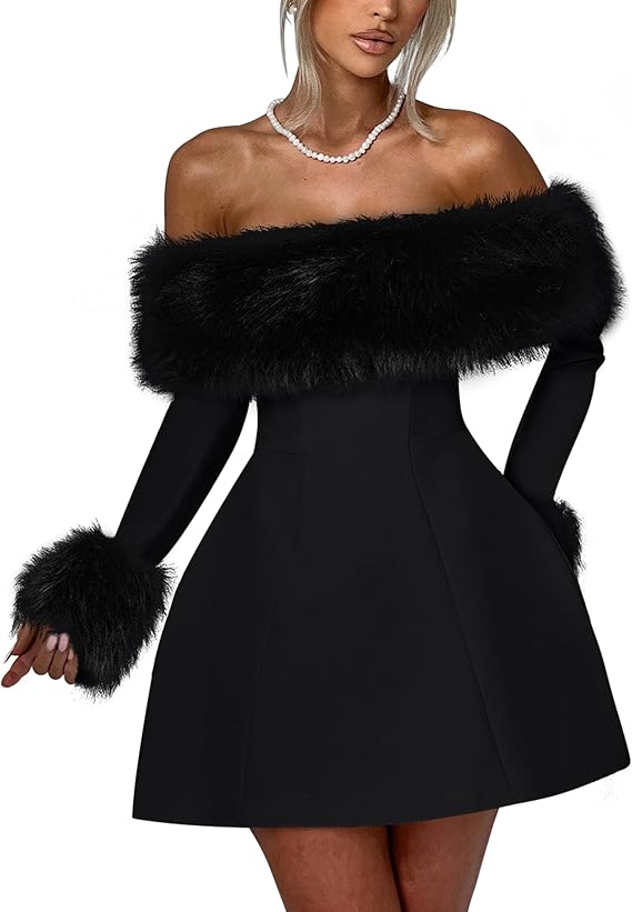 YMDUCH Women's Off Shoulder Long Sleeve Fur Trim A-Line Party Club Mini Dress