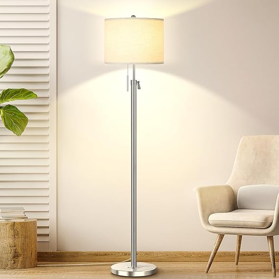 Qingmiao Floor Lamp,Modern Lamps for Living Room with Lampshade-Silver | 140-168cm Adjustable Height, E27 Socket, 3 Color Temperatures, Floor Lamps for Living Room, Bedroom,Office(9W Bulb Included) [Energy Class E]