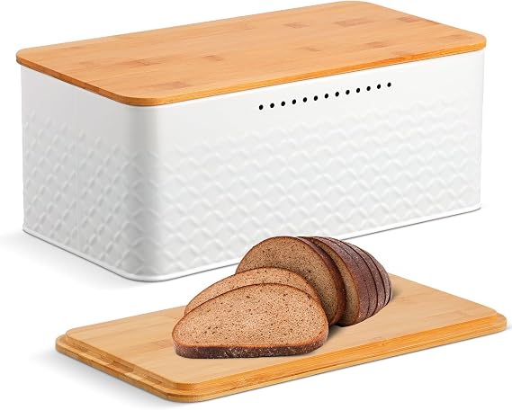 Bread Bin Bread Storage Box with Bamboo Lid, White Bread Storage Container Bin, for Kitchen Countertop Organizer (White)