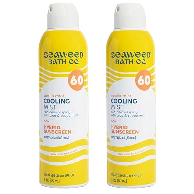 Seaweed Bath Co. Cooling Mist SPF 60 Sport Broad Spectrum Hybrid Sunscreen Spray, 6 Ounce Pack of 2, Sustainably Harvested Seaweed, Aloe, Peppermint