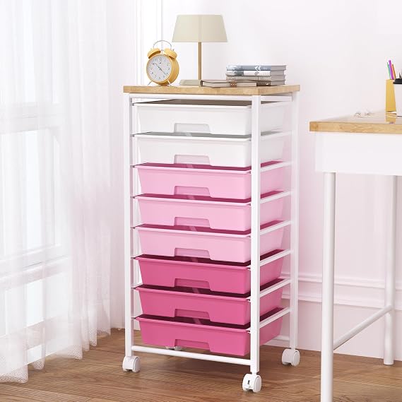 Rolling Cart with 8 Drawers, Storage Drawers Cart with Wooden Tabletop and Lockable Wheels, Craft Storage for Living Room, Office, Classroom, Craft Room, Bedroom