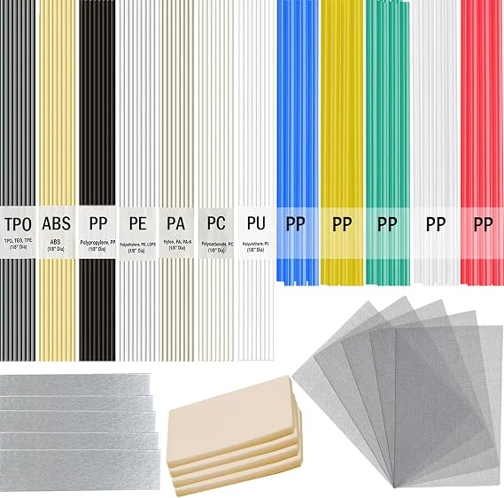 106pcs Plastic Welding Rods,7 Plastic Rod Types ABS PP PU PE PA PC TPO | Plastic Welder Rods for Car Bumper Kayak Repair Kit with Reinforcing Stainless Steel Mesh Welding Supplies