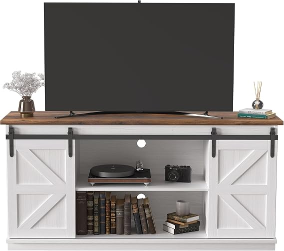 JUMMICO TV Stand for 65 Inch TV, Sliding Barn Doors, Bright White